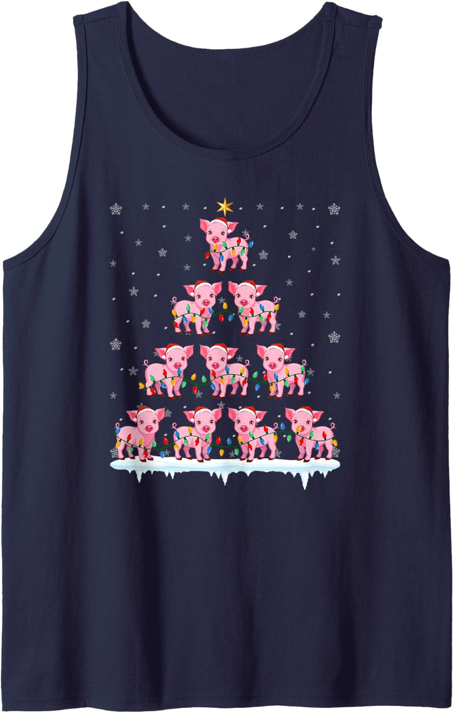 Pig Animal Santa Hat Ugly Christmas Tree Lights Sleeveless Tank Top - Navy Blue