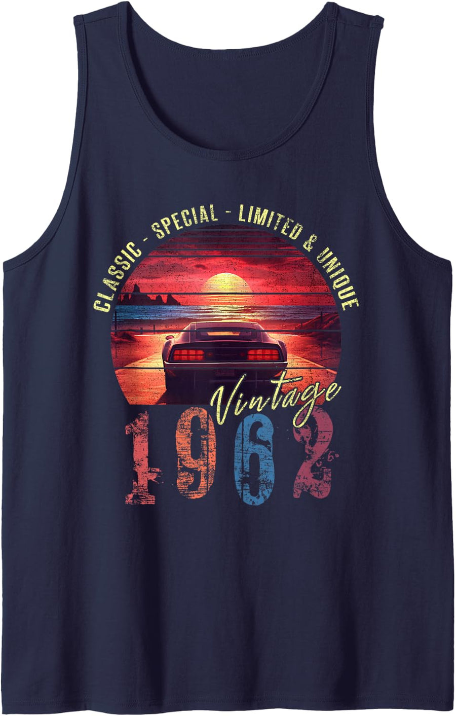 Classic Vintage 1962 Birthday Synthwave Retro Car Sunset Sleeveless Tank Top - Navy Blue