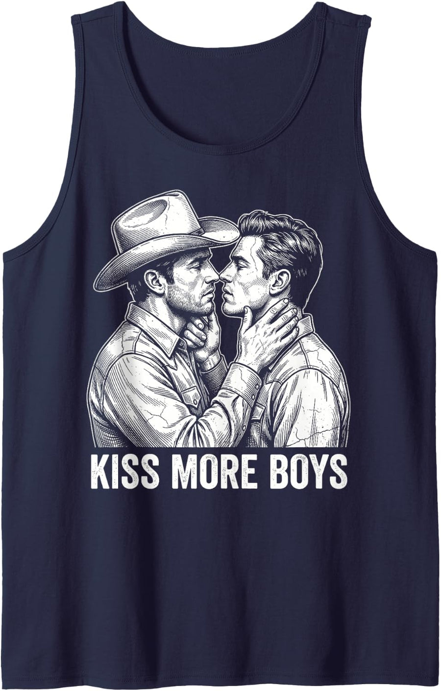Kiss More Boys Gay Cowboy Couple Western Rodeo Pride LGBTQ Sleeveless Tank Top - Navy Blue