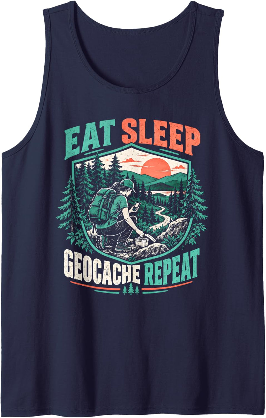Eat Sleep Geocache Repeat Geocacher Sleeveless Tank Top - Navy Blue