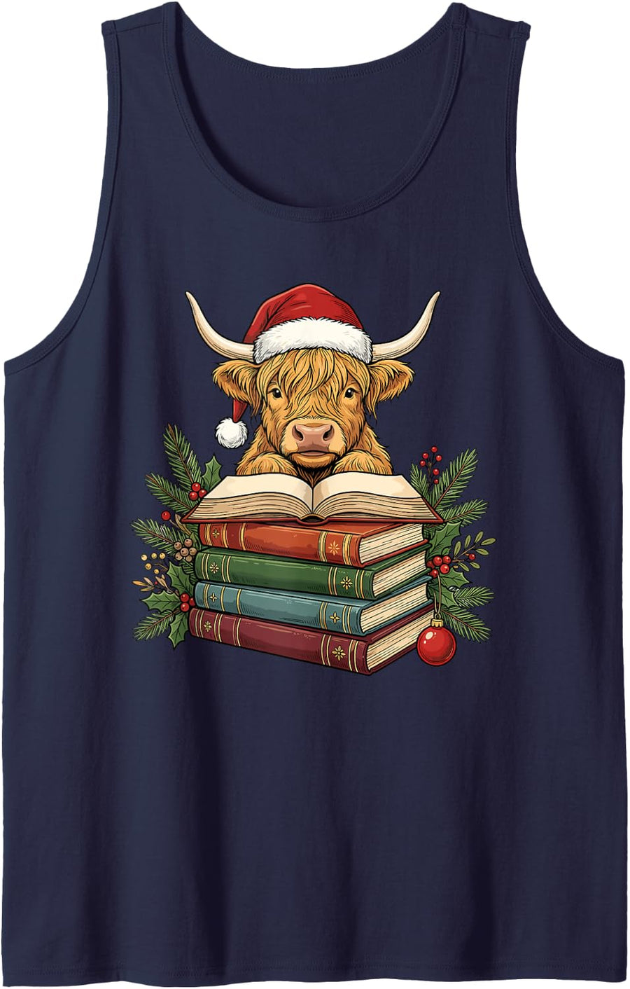 Highland Cow Books Santa Claus Reindeer Funny Christmas Sleeveless Tank Top - Navy Blue