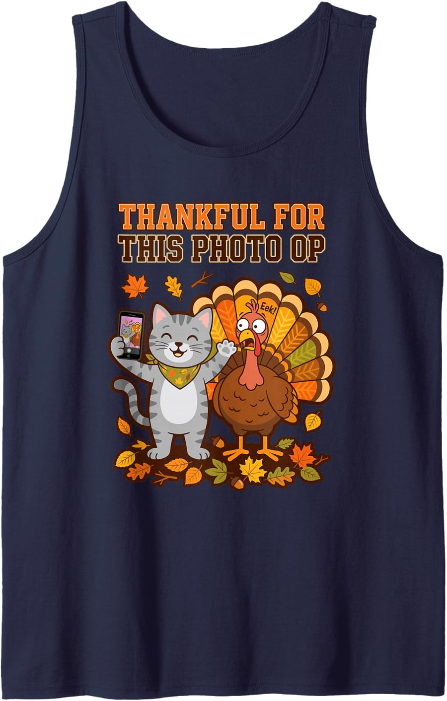 Thankful for This Photo Op Autumn Cat and Turkey Selfie Sleeveless Tank Top - Navy Blue