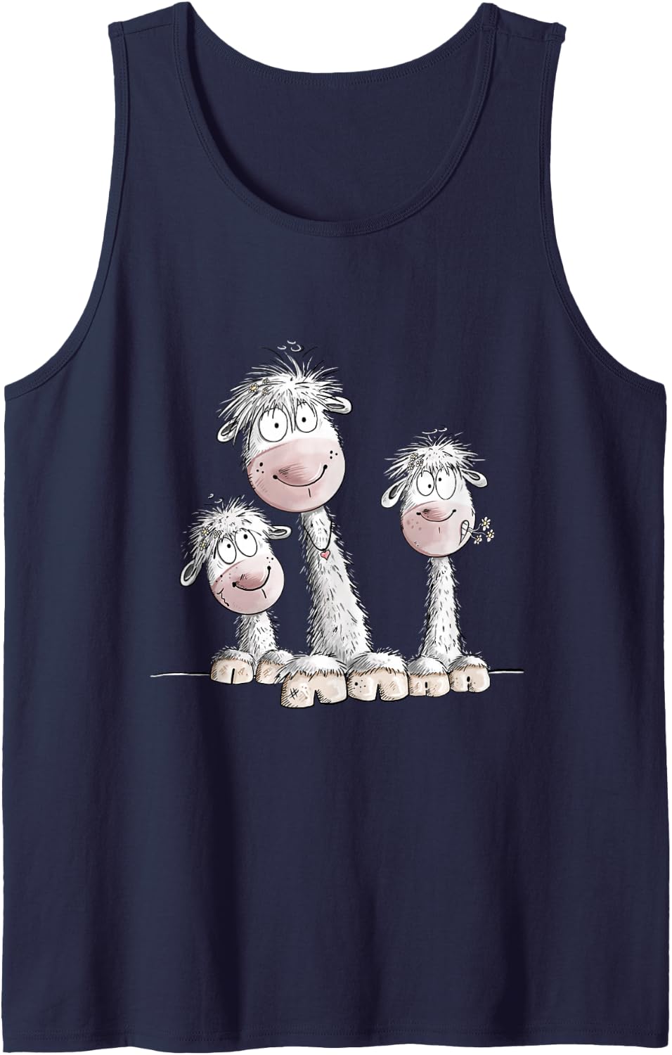 Happy Alpaca Llama Trio Cartoon Design Animal Humor Art Sleeveless Tank Top - Navy Blue