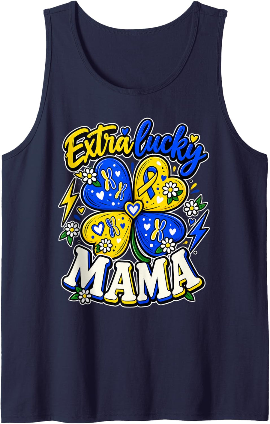 Extra Lucky Mama Down Syndrome Chromosome Awareness Mom Sleeveless Tank Top - Navy Blue