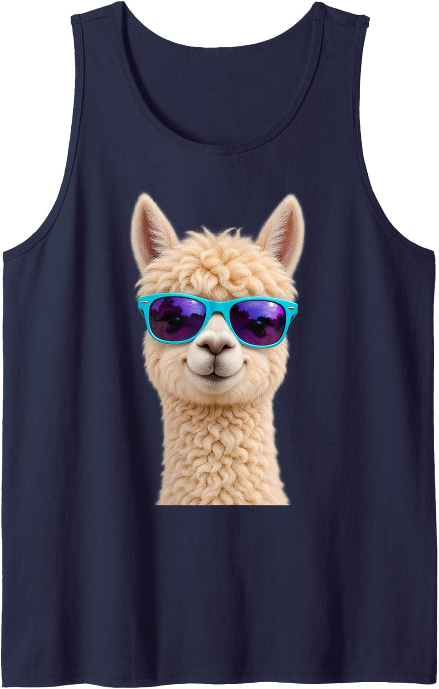 Funny Alpaca Wearing Sunglasses Cute Fluffy Animal Portrait Sleeveless Tank Top - Navy Blue