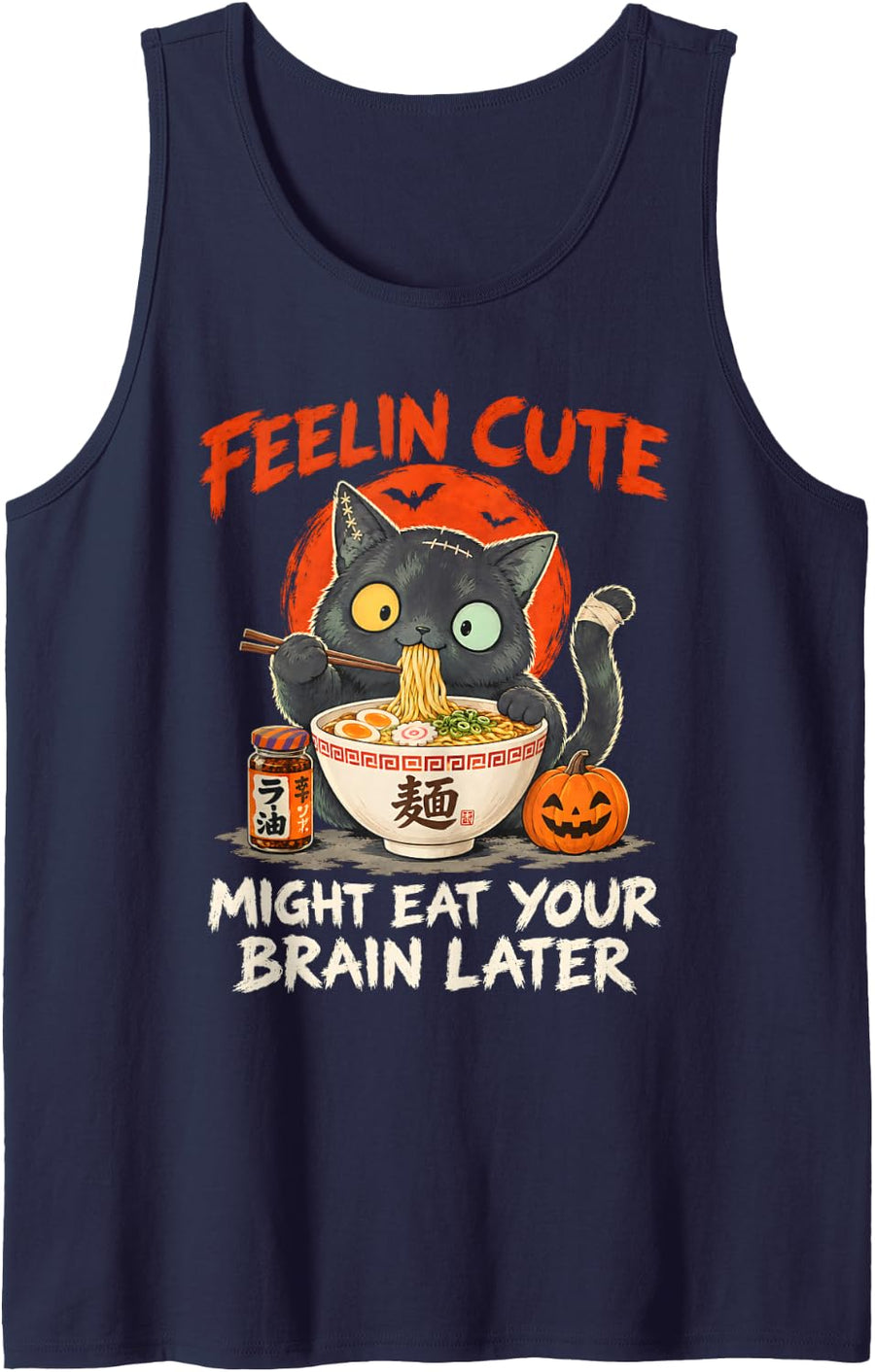 Feelin Cute Might Eat Your Brain Later Zombie Cat Sleeveless Tank Top - Navy Blue