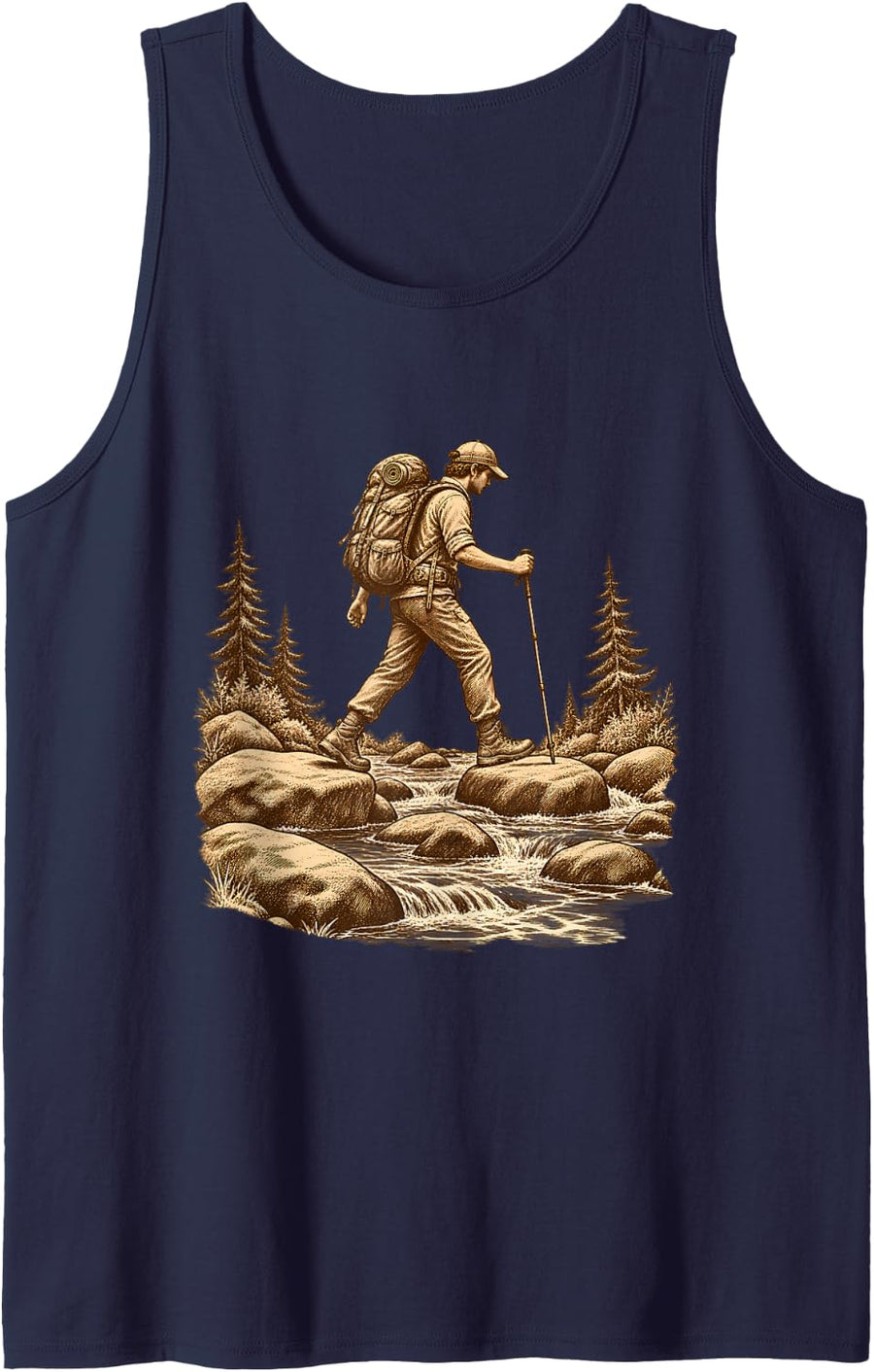 Vintage Backpacker Creek Crossing Thru Hiking Adventure Sleeveless Tank Top - Navy Blue