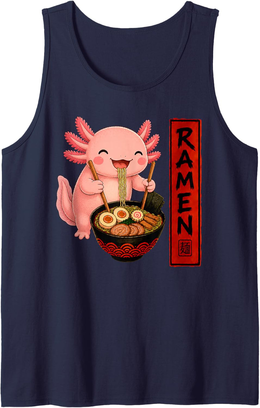 Axolotl Ramen Bowl Anime Japanese Art Kawaii Sleeveless Tank Top - Navy Blue
