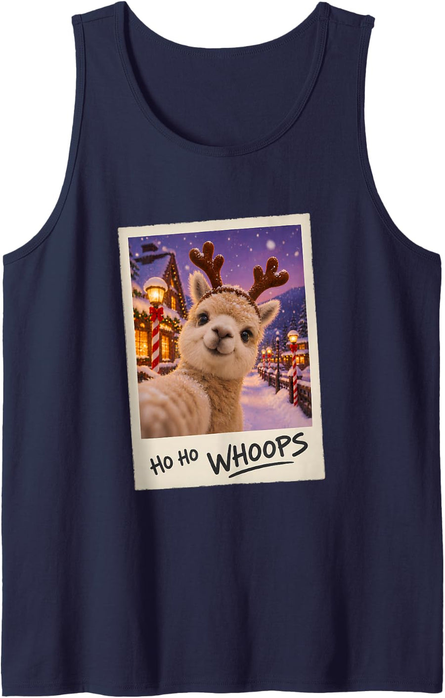 Ho Ho Whoops Alpaca Selfie Christmas Funny Holiday Sleeveless Tank Top - Navy Blue