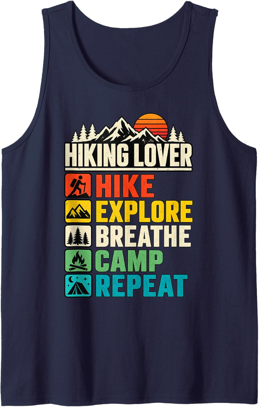 Hiking Lover Hike Explore Breathe Camp Repeat Mountain Badge Sleeveless Tank Top - Navy Blue
