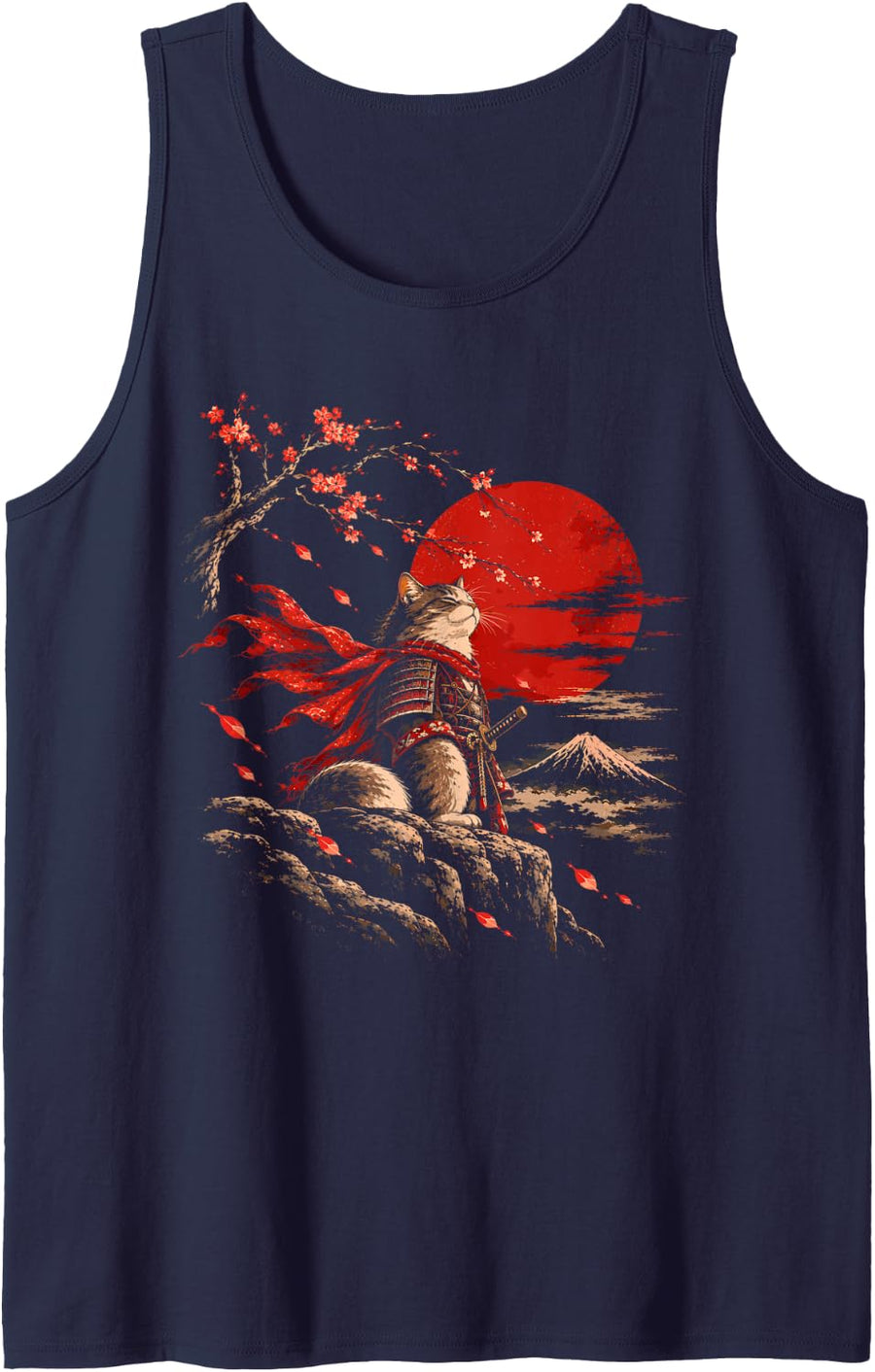 Samurai Cat Japanese Art Cherry Blossom Mount Fuji Vintage Sleeveless Tank Top - Navy Blue