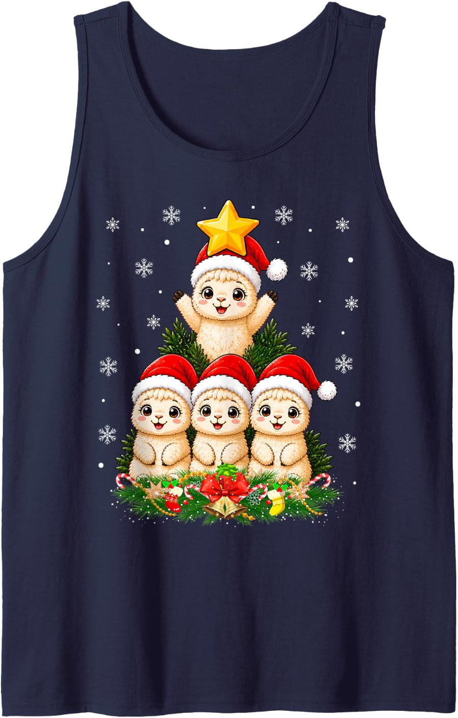 Llama Alpaca Christmas Tree Cute Animal Festive Llama Xmas Sleeveless Tank Top - Navy Blue