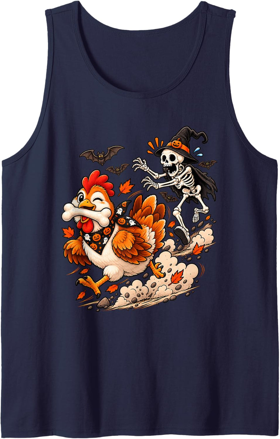 Funny Chicken Chased by Witch Skeleton Halloween Men Women Tank Top - Navy Blue