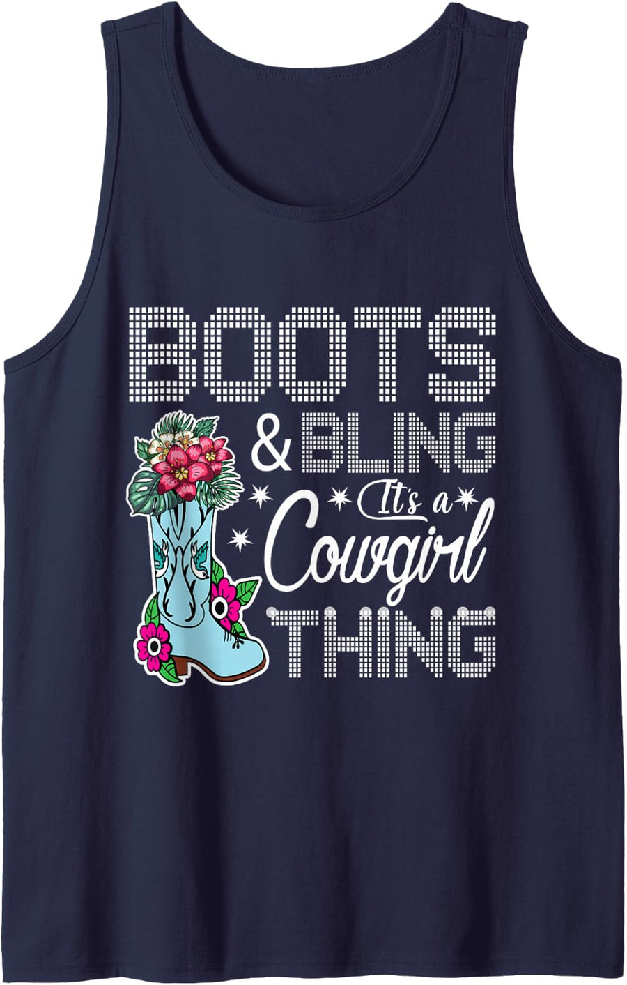 Cowgirl Boots Bling Southern Western Country Girl Sleeveless Tank Top - Navy Blue