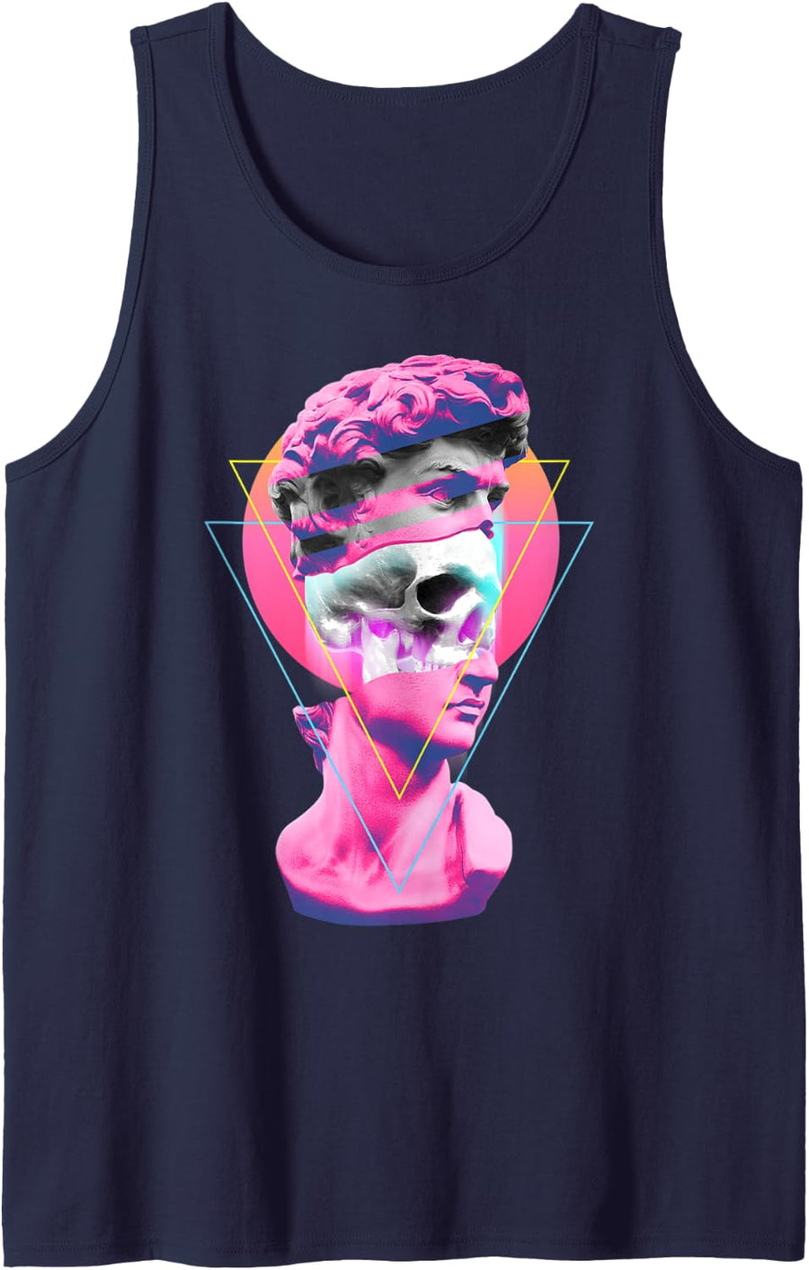Vaporwave Statue David Bust Skull Retro 80s Glitch Art Cool Tank Top - Navy Blue