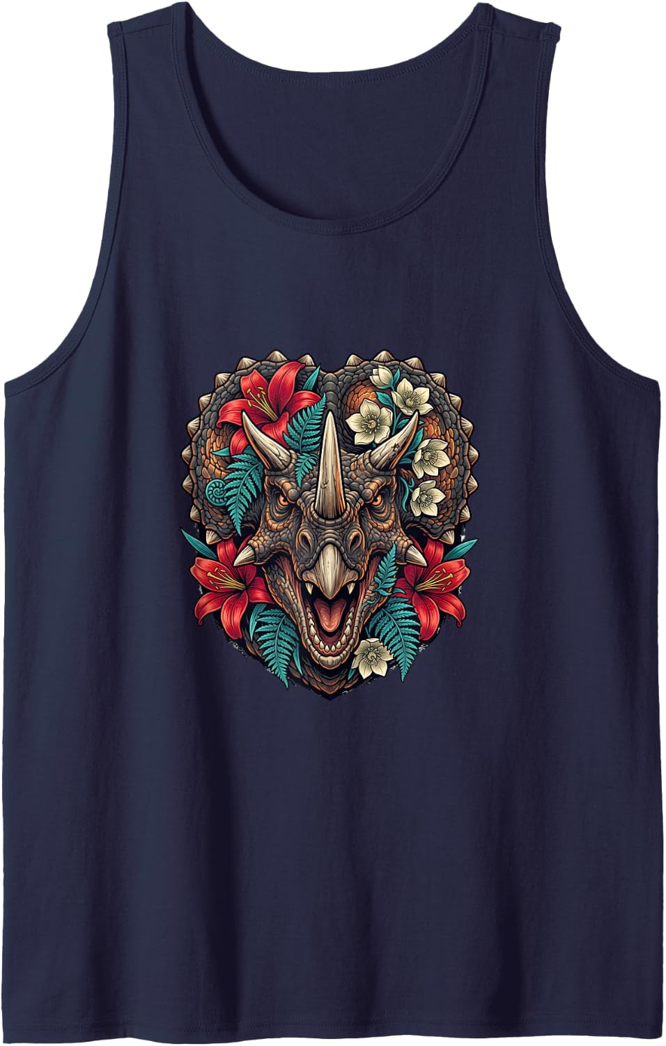 Triceratops Portrait with Botanical Details Sleeveless Tank Top - Navy Blue