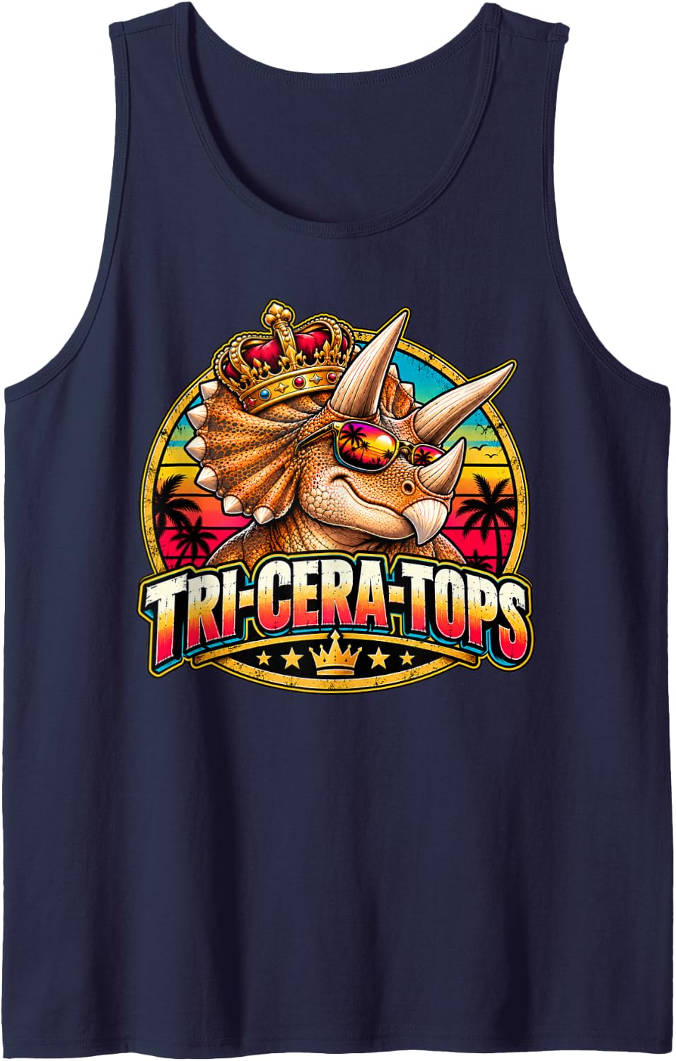 Tri-Cera-Tops Funny Triceratops Dinosaur King Crown Sleeveless Tank Top - Navy Blue