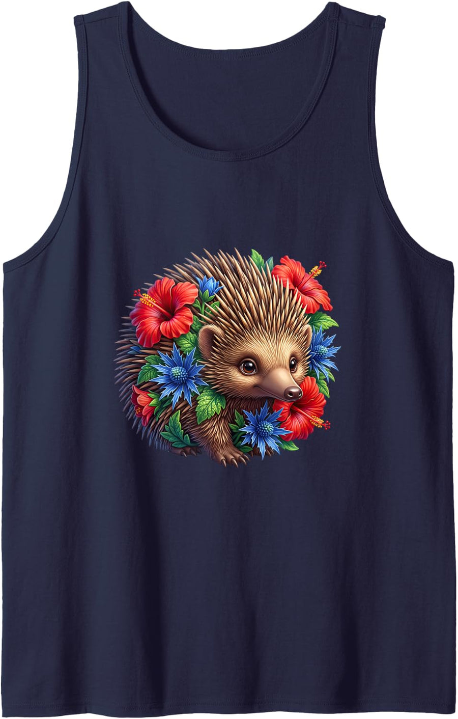 Hedgehog with Red and Blue Flowers Sleeveless Tank Top - Navy Blue