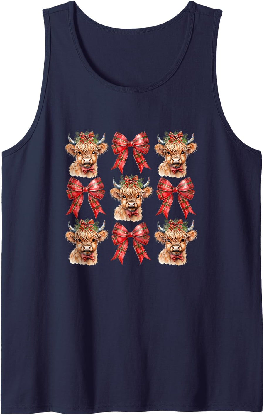 Vintage Country Farm Coquette Bow Highland Cow Christmas Sleeveless Tank Top - Navy Blue