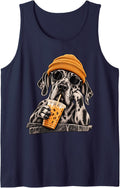 Funny Great Dane Hipster Drinking Iced Coffee Sunglasses Sleeveless Tank Top - Navy Blue