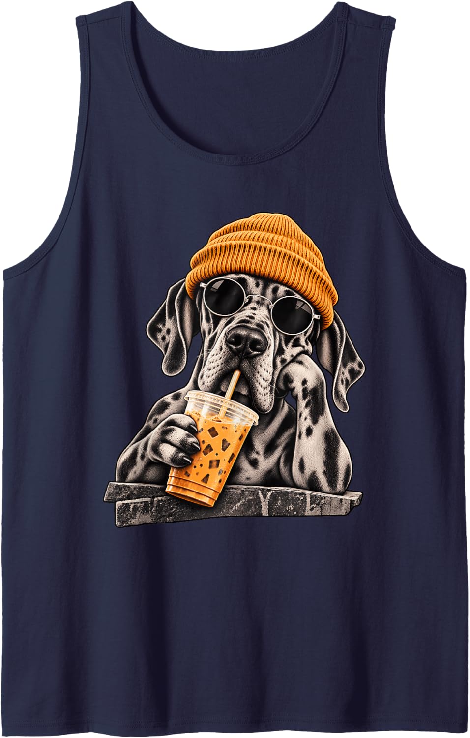 Funny Great Dane Hipster Drinking Iced Coffee Sunglasses Sleeveless Tank Top - Navy Blue