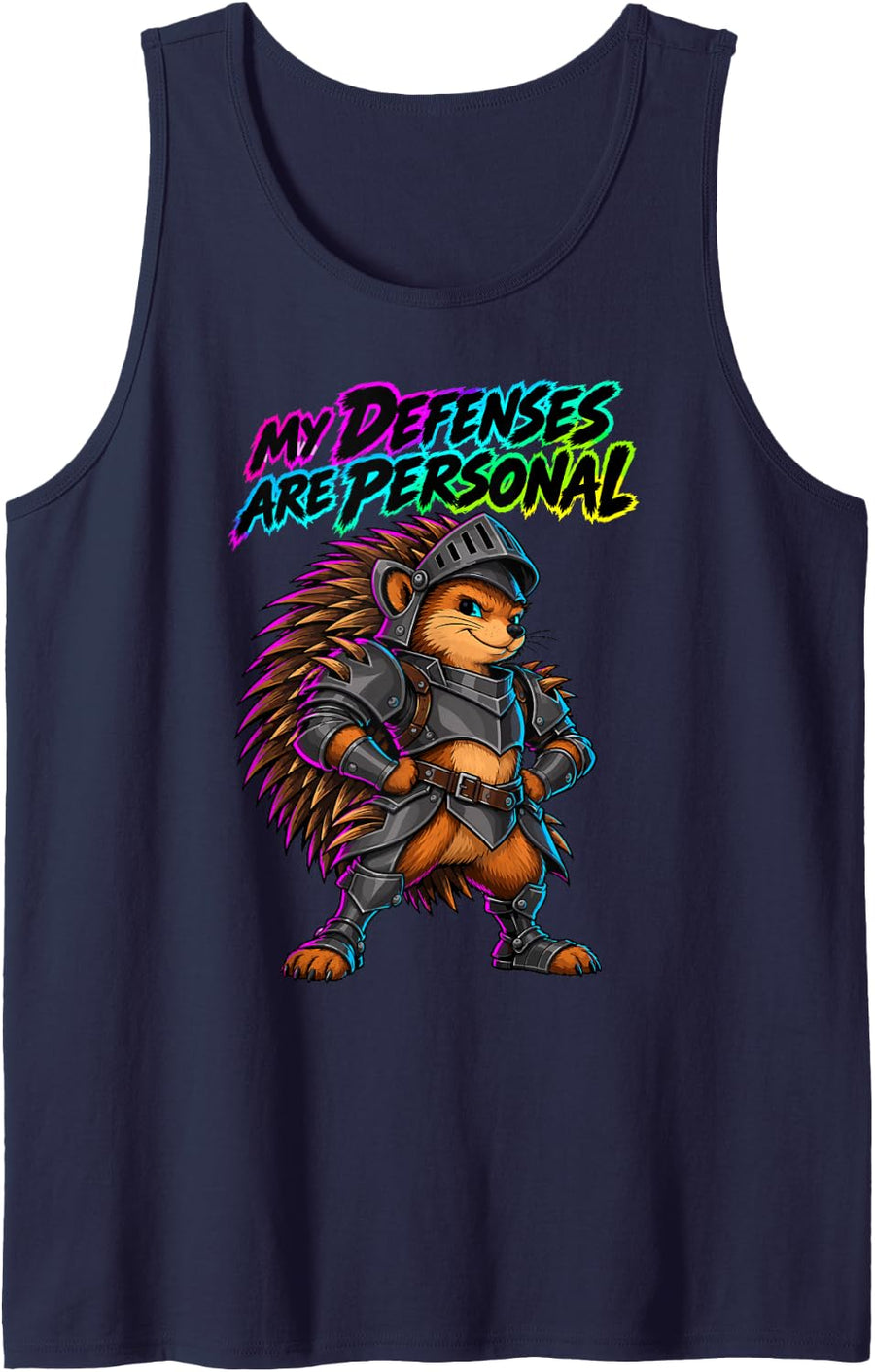 My Defenses are Personal Medieval Hedgehog Knight Spines Sleeveless Tank Top - Navy Blue