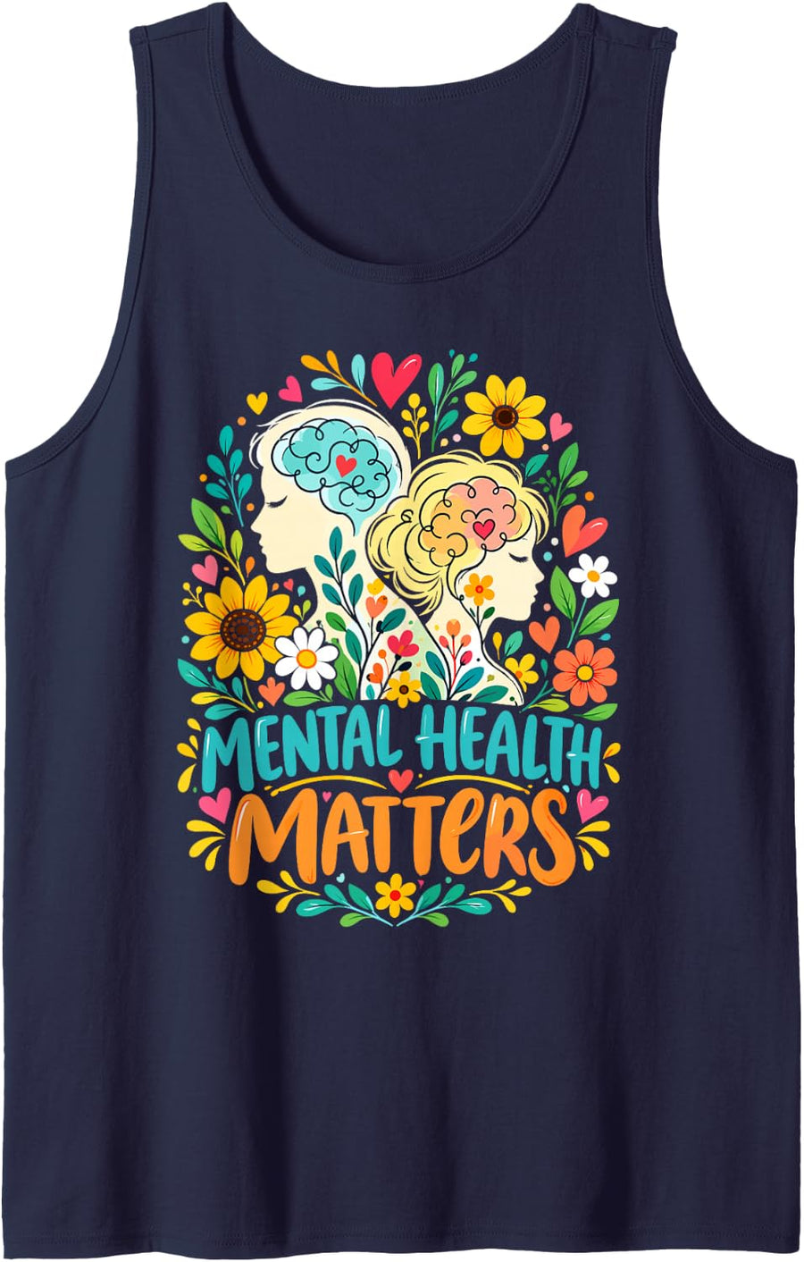 Mental Health Matters Awareness Month Floral Brain Heart Sleeveless Tank Top - Navy Blue
