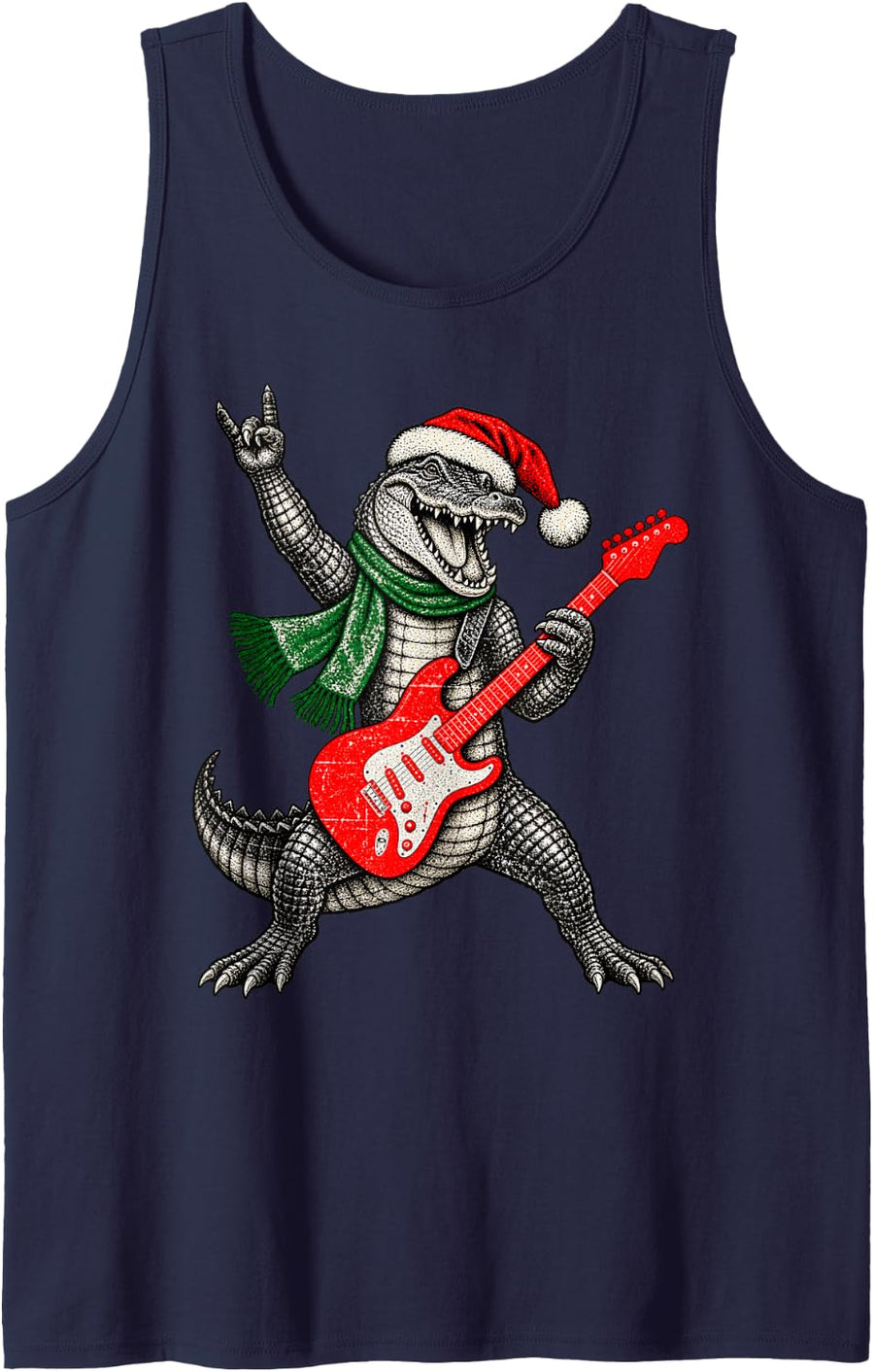 Vintage Alligator Rock Playing Guitar Funny Christmas Sleeveless Tank Top - Navy Blue