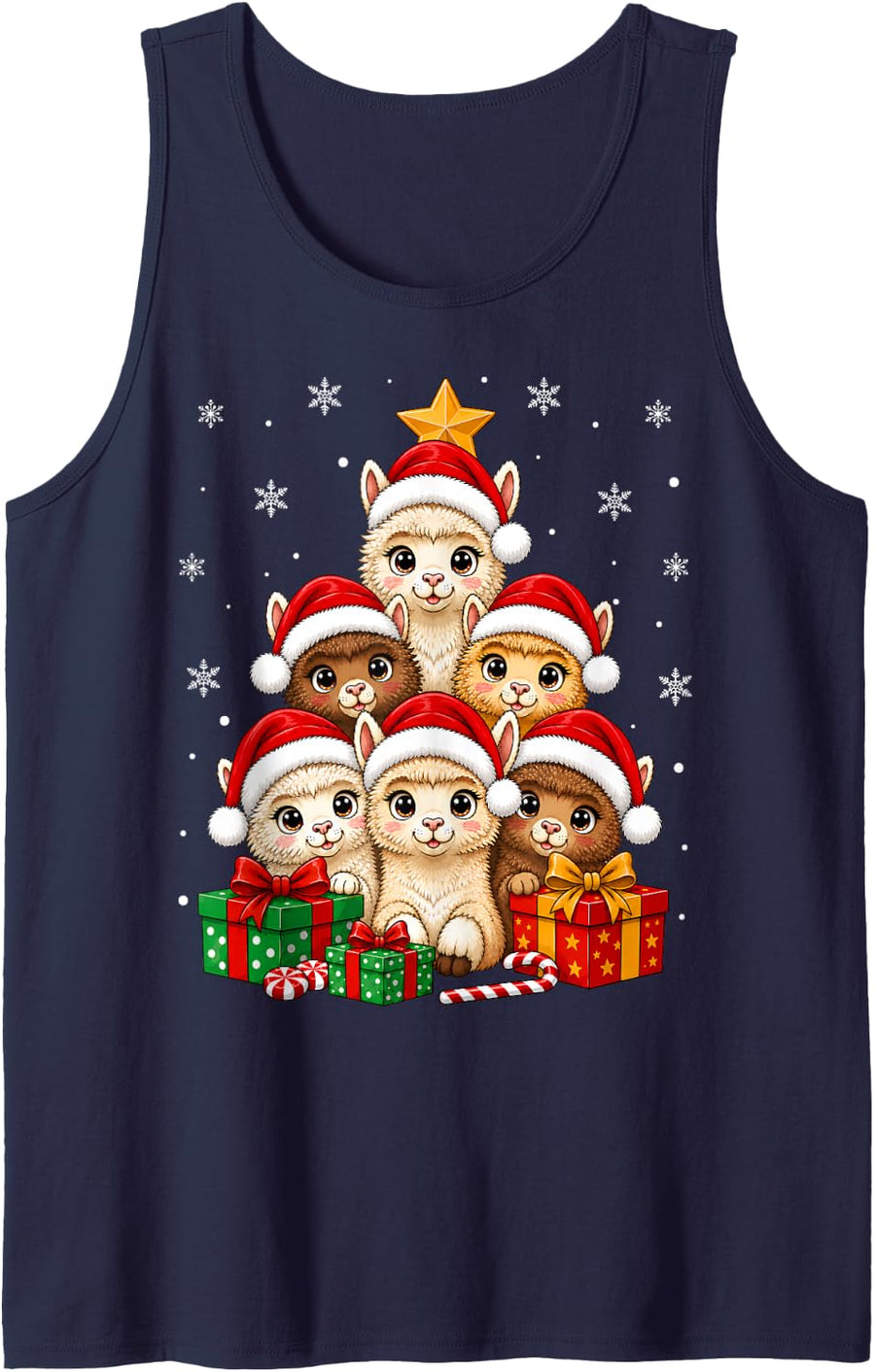 Llama Alpaca Christmas Tree Cute Animal Festive Santa Xmas Sleeveless Tank Top - Navy Blue