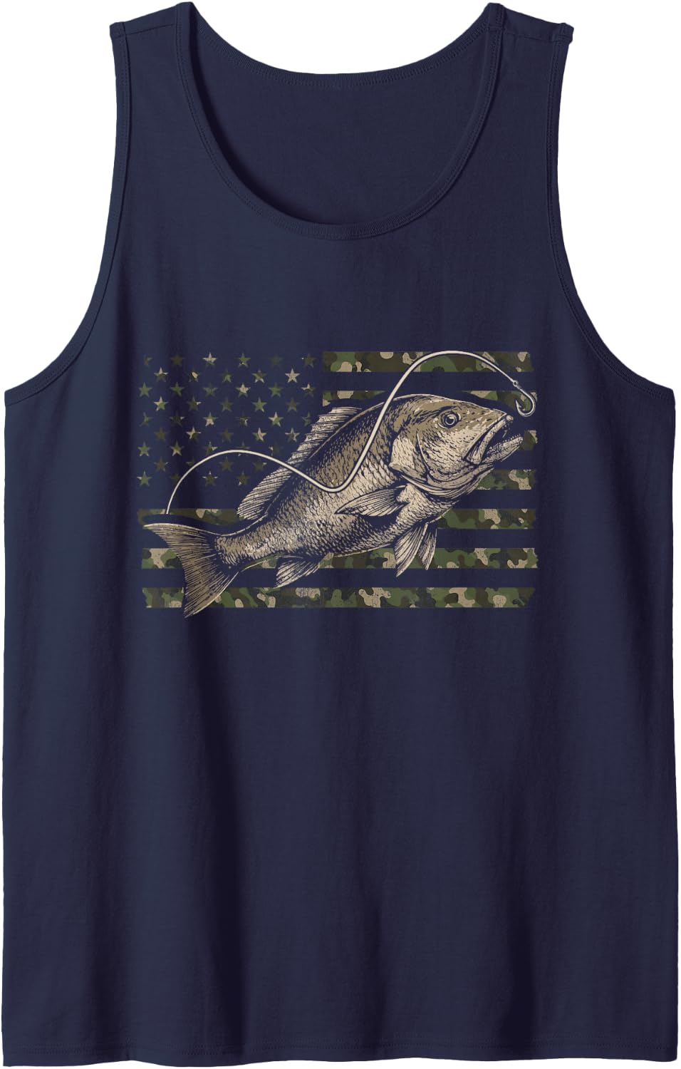 Red Snapper Fishing Distressed Camo Flag Sleeveless Tank Top - Navy Blue