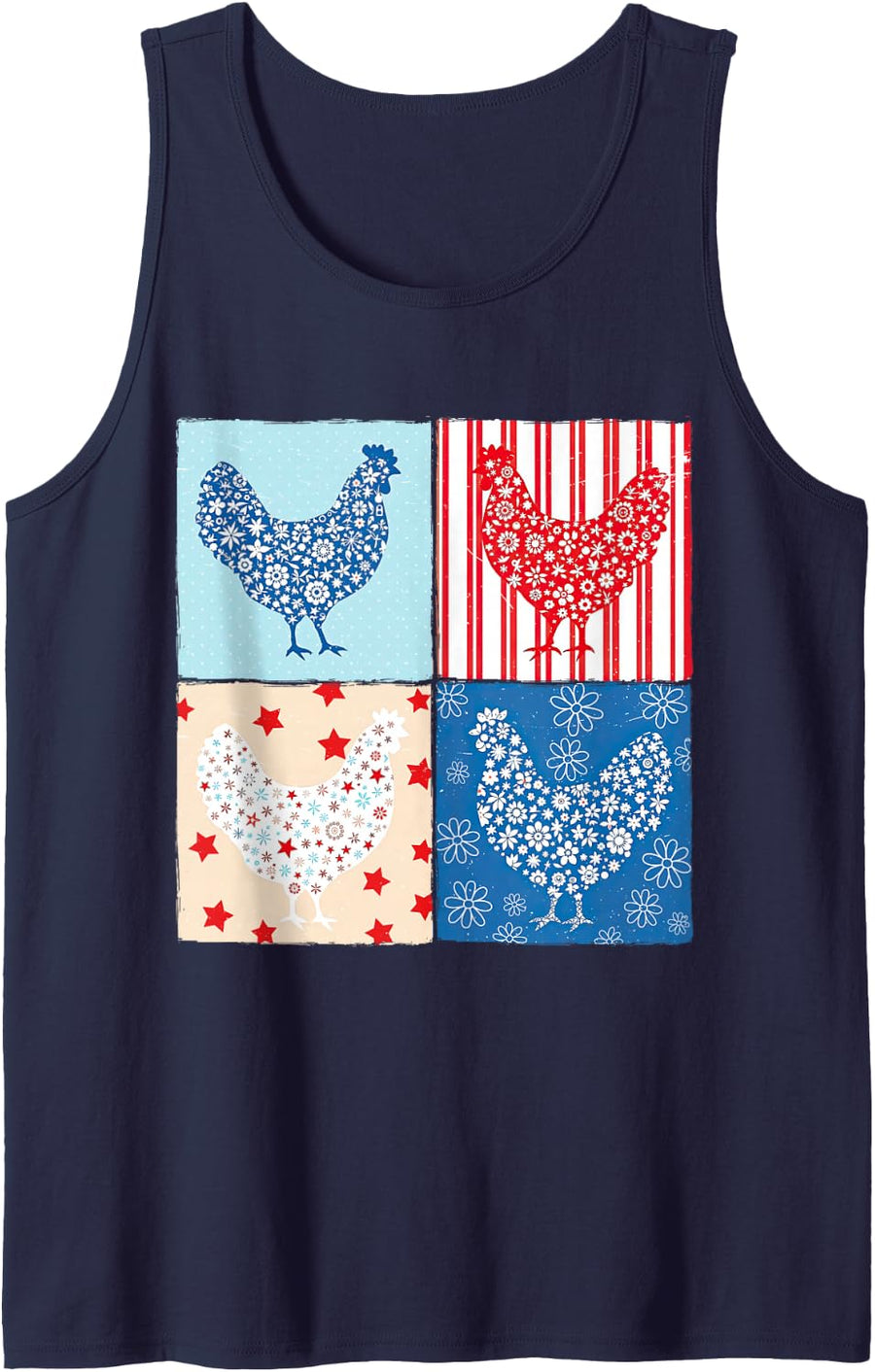 Patriotic Floral Chicken 4th of July Farm Girls USA Farmer Sleeveless Tank Top - Navy Blue
