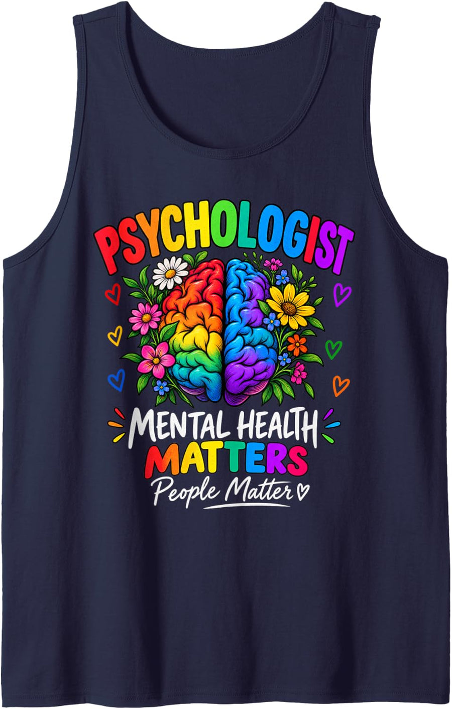 Psychologist Mental Health Matters Rainbow Brain Flowers Sleeveless Tank Top - Navy Blue