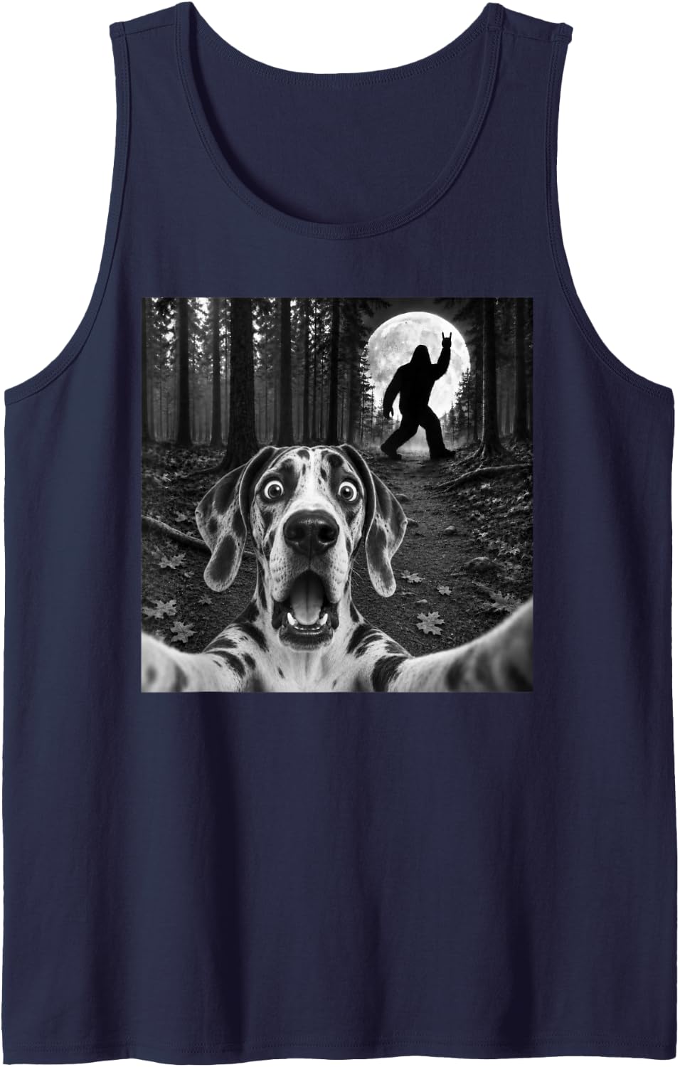Great Dane Selfie with Bigfoot Rock and Roll Dog Sasquatch Sleeveless Tank Top - Navy Blue