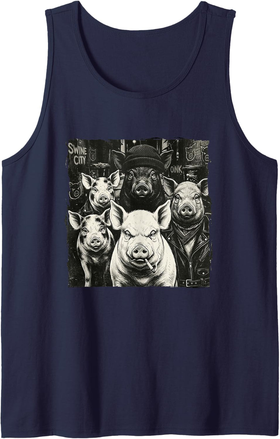 Cool Vintage Gangster Street Crew Pig Sleeveless Tank Top - Navy Blue