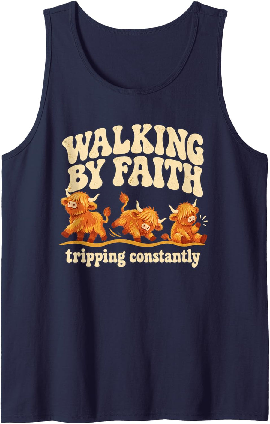 Sweet Retro Cow Funny Walking By Faith Tripping Constantly Sleeveless Tank Top - Navy Blue
