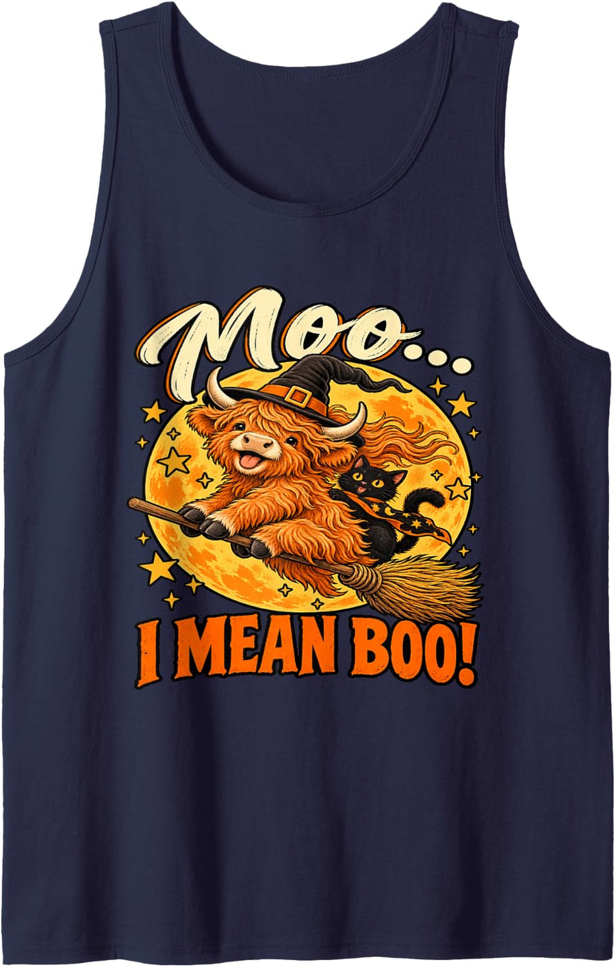 Halloween Highland Cow Flying Broom - Moo... I Mean Boo! Sleeveless Tank Top - Navy Blue