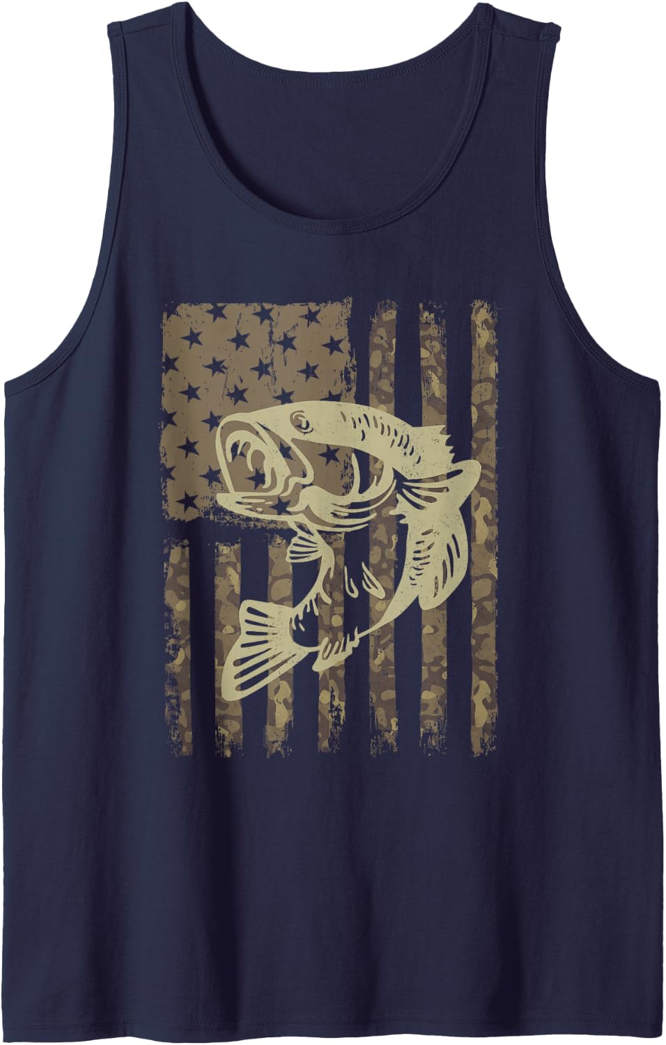 Camouflage USA Flag Big Mouth Bass Vintage Fishing Tank Top - Navy Blue