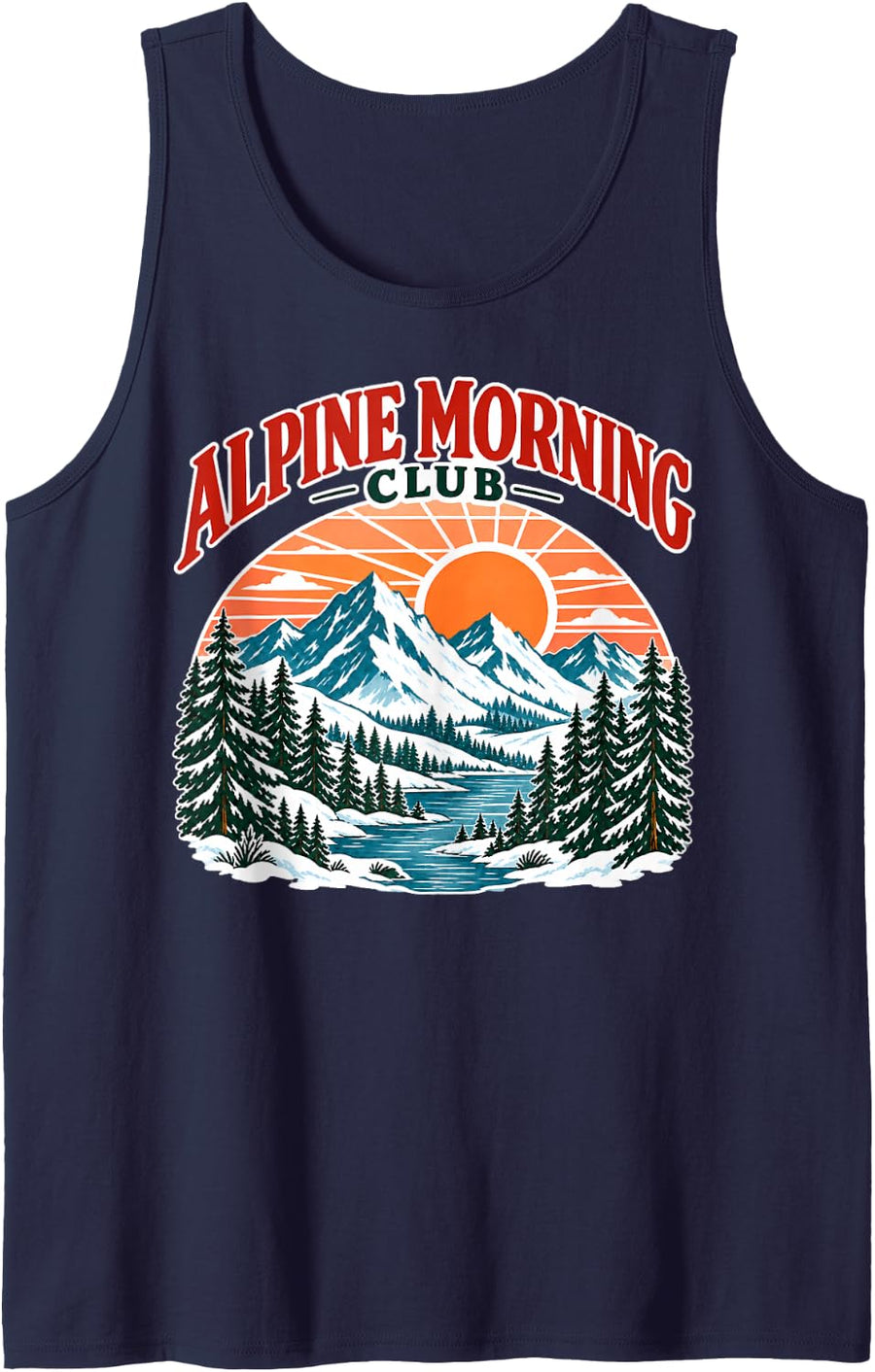 Alpine Morning Club Retro Sunrise Mountain Winter Lake Sleeveless Tank Top - Navy Blue