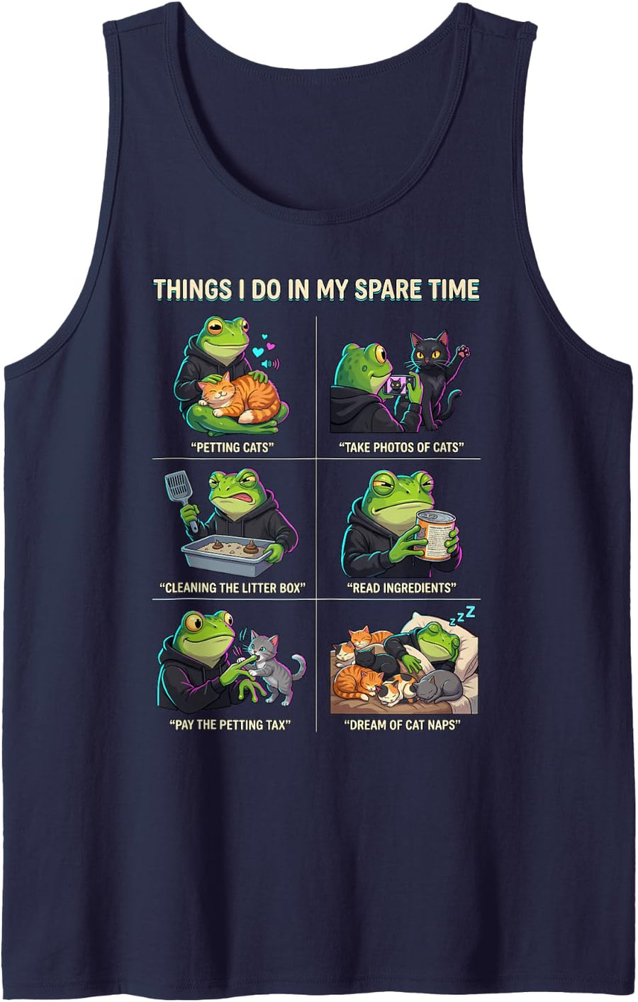 Things I Do in My Spare Time Cat Lover Pet Parent Frog Humor Sleeveless Tank Top - Navy Blue