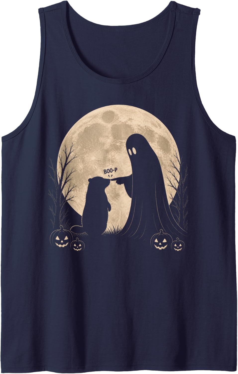 Retro Groundhog Boop Ghost Halloween Moon Tank Top - Navy Blue