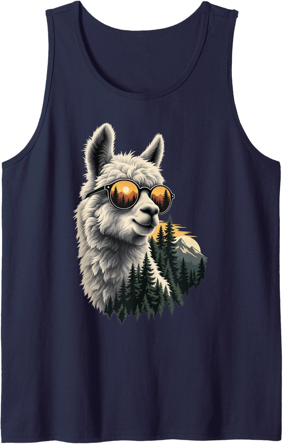 Alpaca with Sunglasses Cartoon Animal Graphic Sleeveless Tank Top - Navy Blue