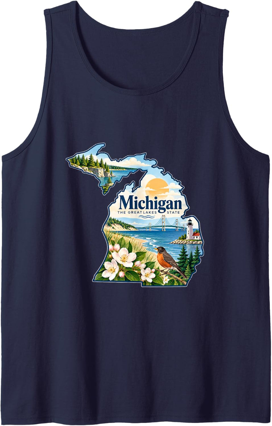 Michigan Great Lakes State Vintage Travel Map Art Sleeveless Tank Top - Navy Blue