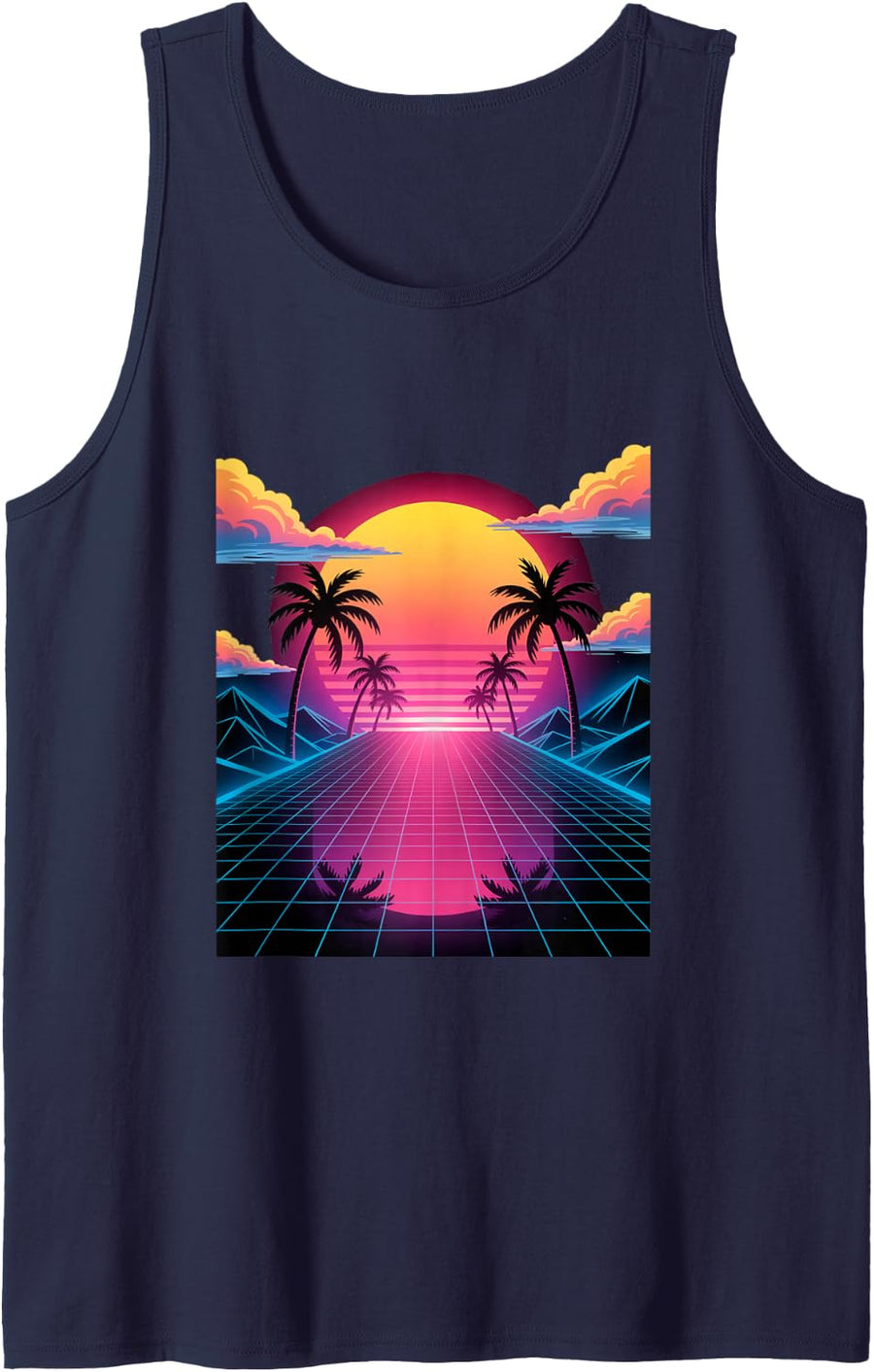 Vaporwave Sunset Grid Retro Digital Landscape in Synthwave Sleeveless Tank Top - Navy Blue