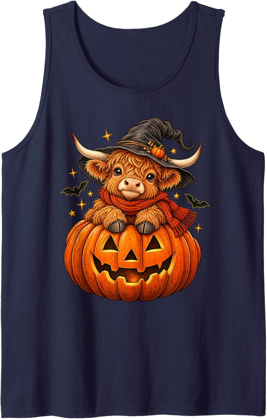 Baby Highland Cow Halloween Witch Pumpkin - Cute Hairy Coo Sleeveless Tank Top - Navy Blue