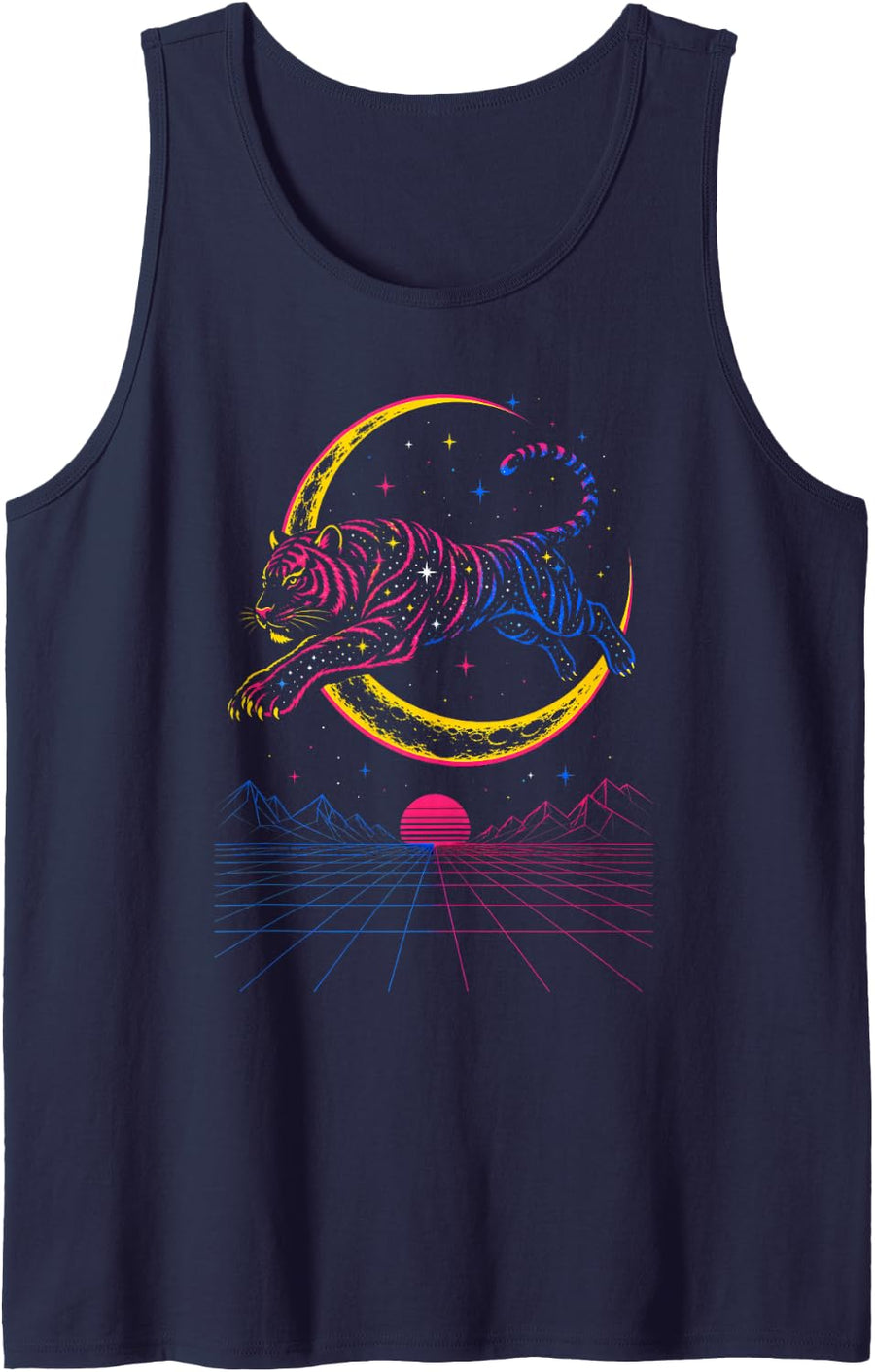 Men's Tiger Graphic Retro Vaporwave Synthwave Galaxy Aesthetic Sleeveless Tank Top - Navy Blue