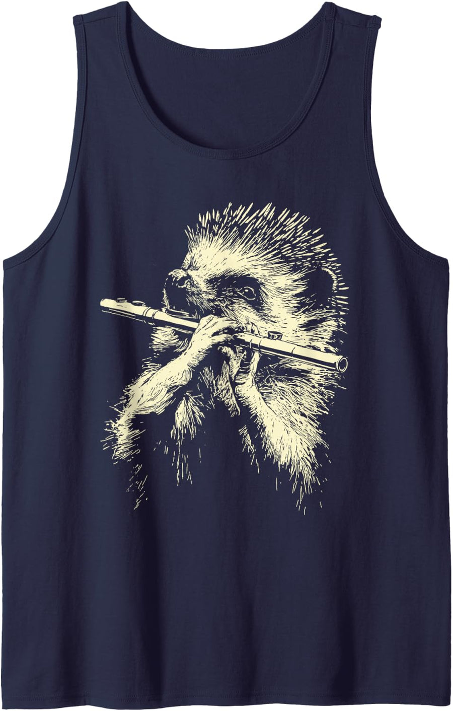 Cute Hedgehog Playing Flute Funny Musician Animal Flutist Sleeveless Tank Top - Navy Blue