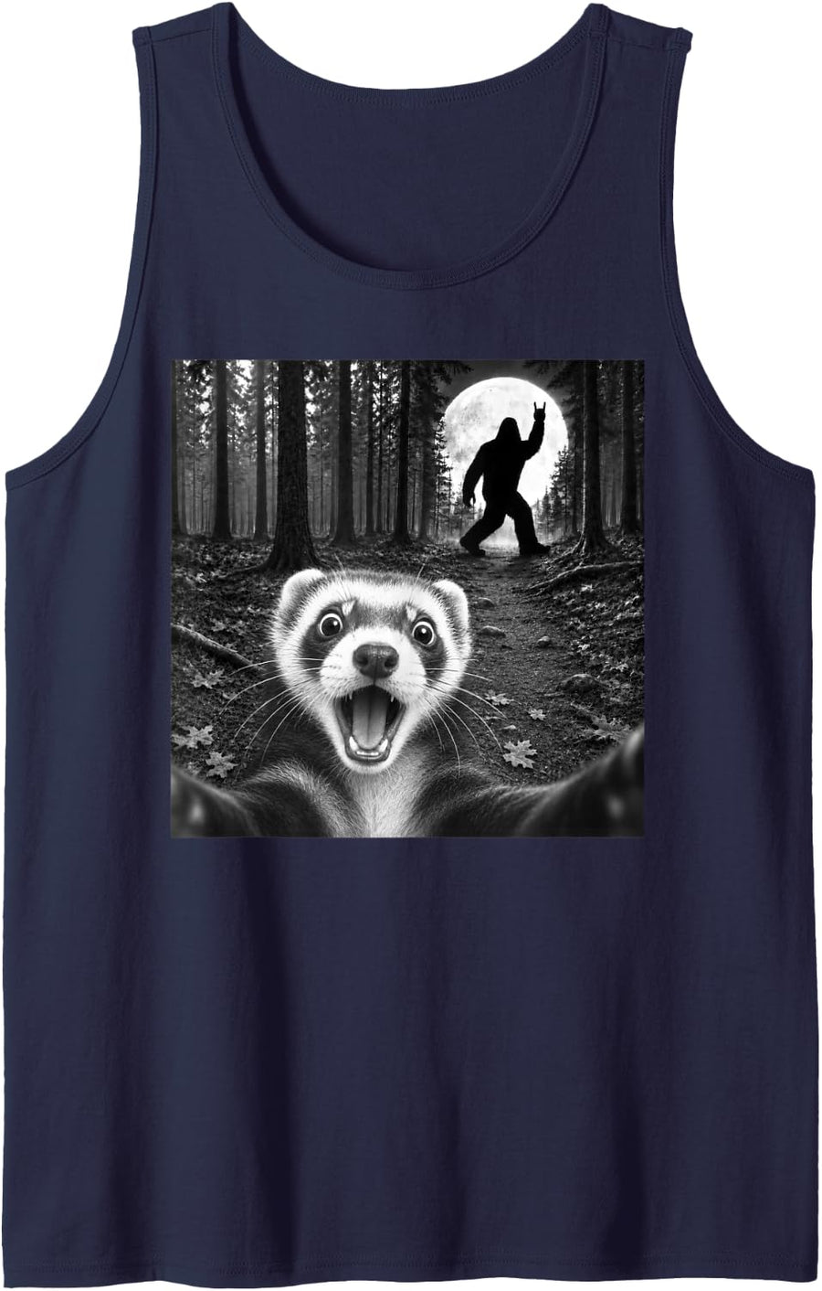 Ferret Selfie with Bigfoot Rock and Roll Sasquatch Sleeveless Tank Top - Navy Blue