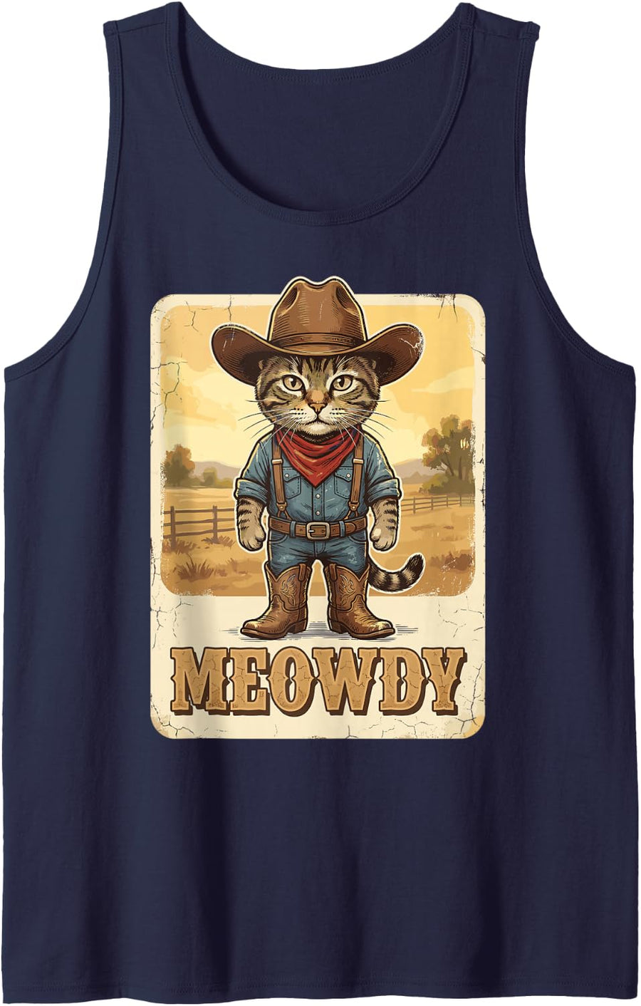 Meowdy Cowboy Cat Western Rodeo Rancher Country Tee Sleeveless Tank Top - Navy Blue