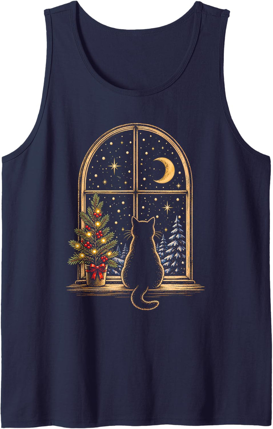 Christmas Cat Looking Out Window Winter Night Cat Lover Sleeveless Tank Top - Navy Blue