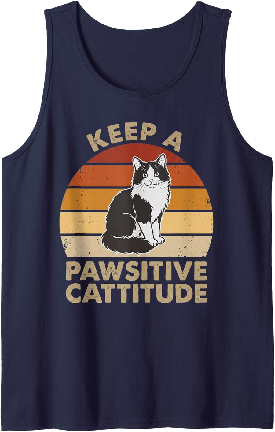 Keep Pawsitive Cattitude Funny Calico Cat Mom Retro Sunset Tank Top - Navy Blue